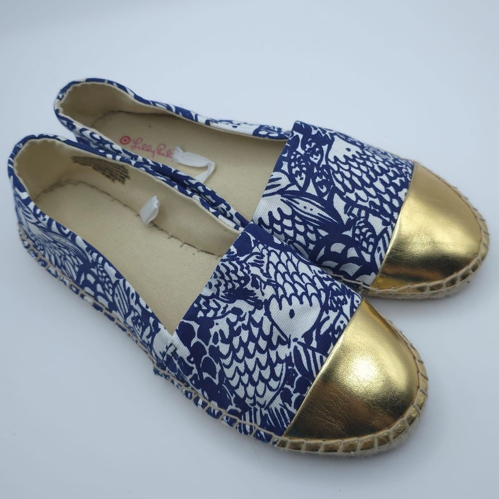 LILLY PULITZER Upstream Fish Gold Cap Toe Espadrille Women's 8 Blue White Canvas